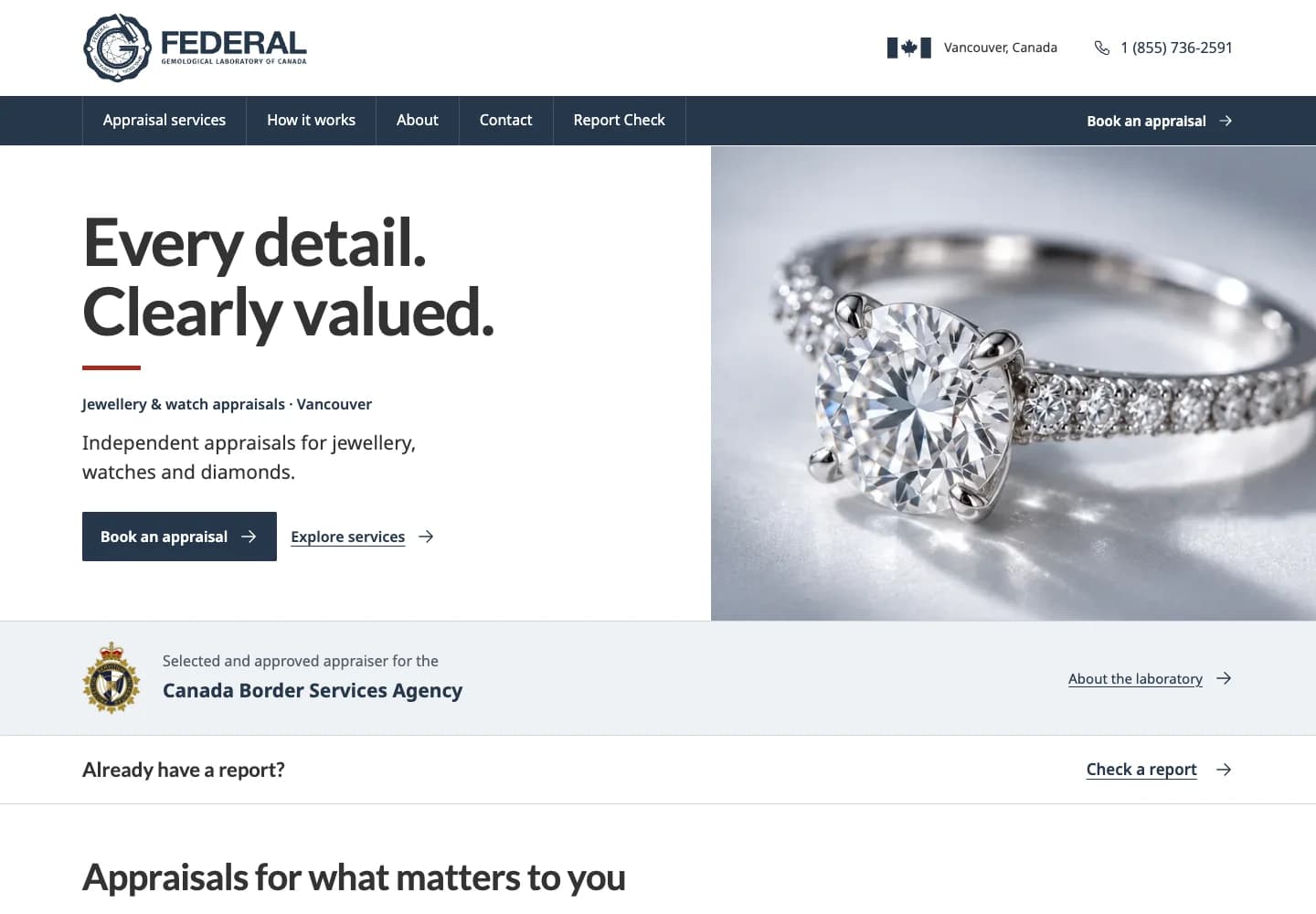 Federal Gem Lab website showing a diamond ring and its jewellery and watch appraisal services in Vancouver