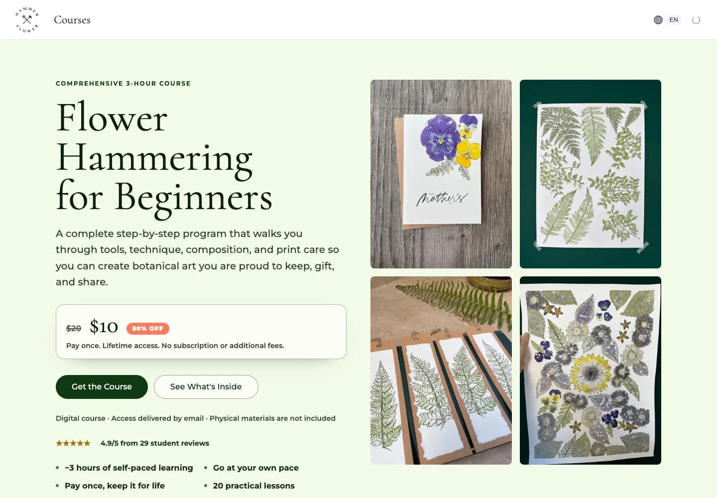 HammerFlower course page with an introduction to flower hammering and a preview of the course