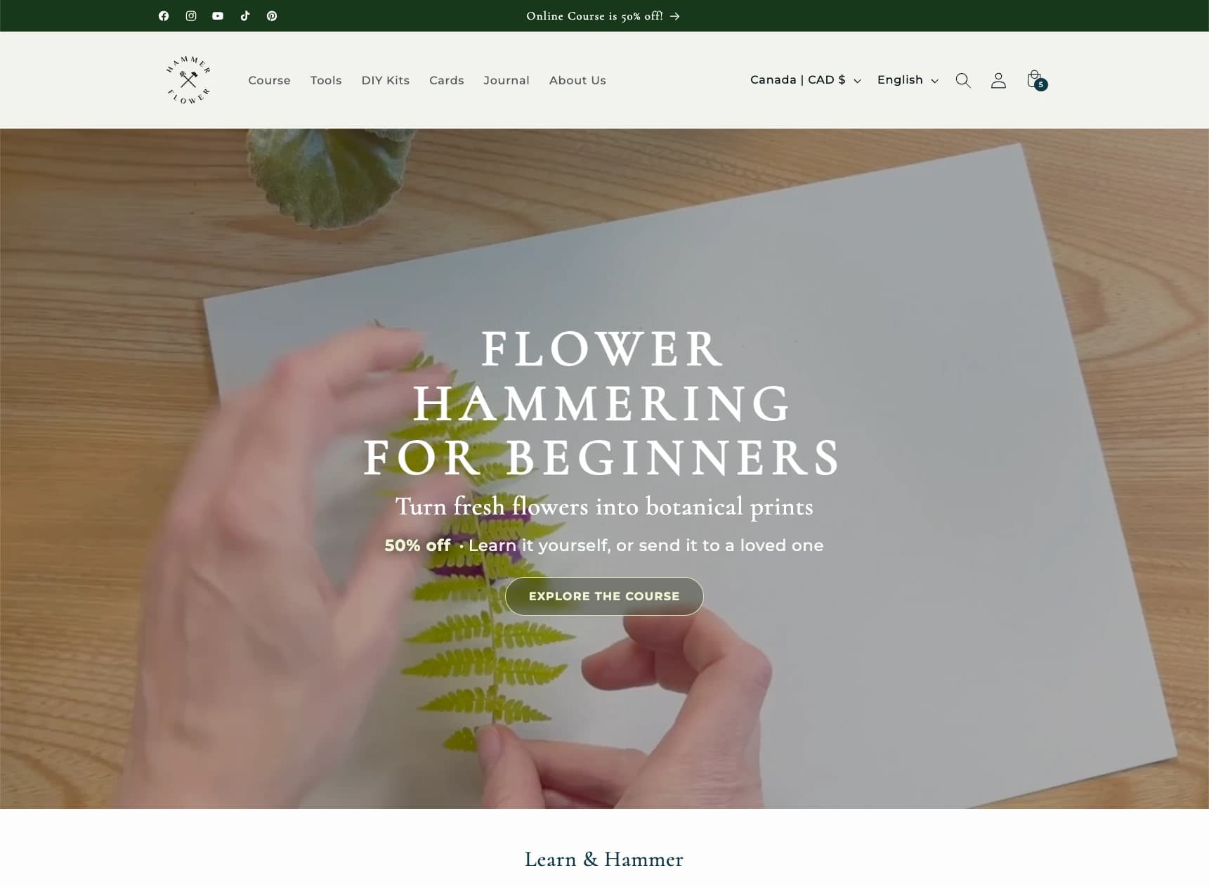HammerFlower website showing its flower hammering course over a botanical printing demonstration