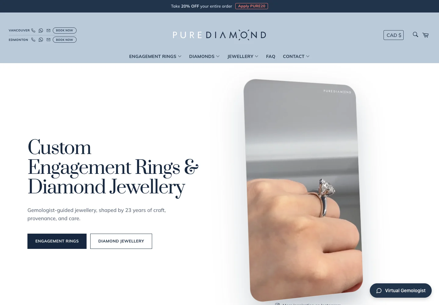 Pure Diamond website displaying custom engagement rings and diamond jewellery